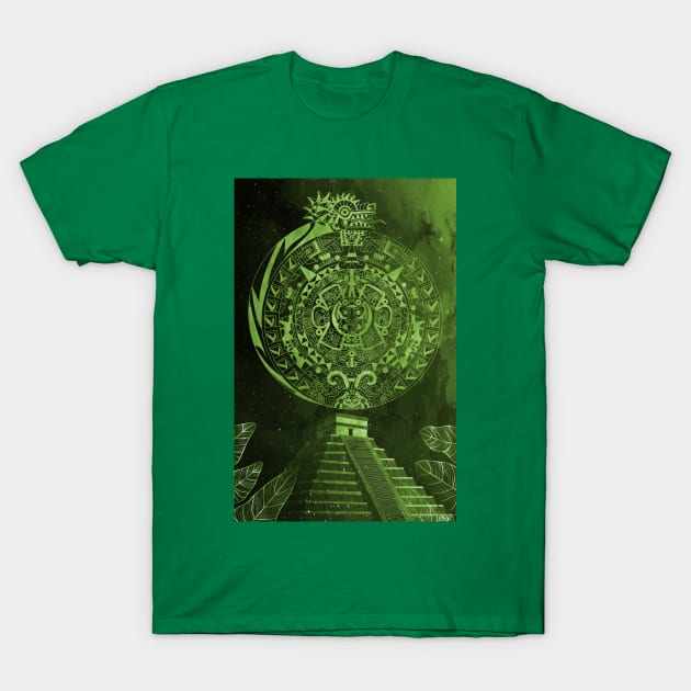 the mexican pyramids in teotihuacan leaf dragon aztec calendar T-Shirt by jorge_lebeau